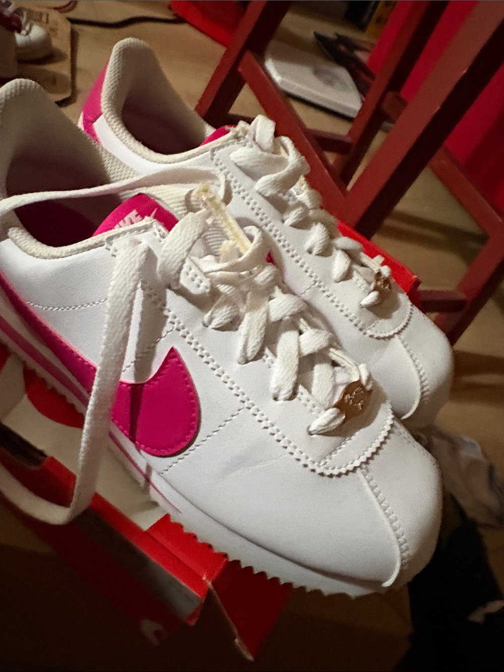 Nike Cortez White Sneakers with Pink Swoosh size 4.5 boys & 6w